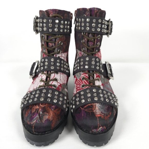 NWB JEFFREY CAMPBELL SLAM-2ST Red Grey Floral Silver Studded Buckle Boots Sz 6M - Picture 2 of 16